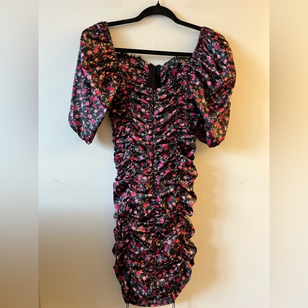 For Love & Lemons Melrose Satin Black and Pink Ruche Mini Puff sleeve dress - Picture 10 of 16
